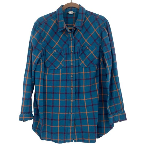 Duluth Trading Size XL Teal Orange Plaid Flannel Button Down Shirt Vented FLAW - Picture 1 of 12